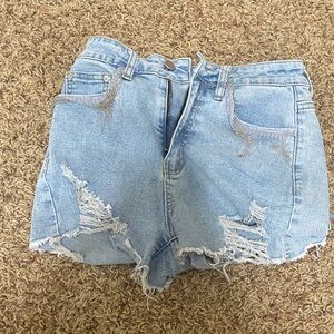 Light Blue Beaded Distressed Denim Shorts
